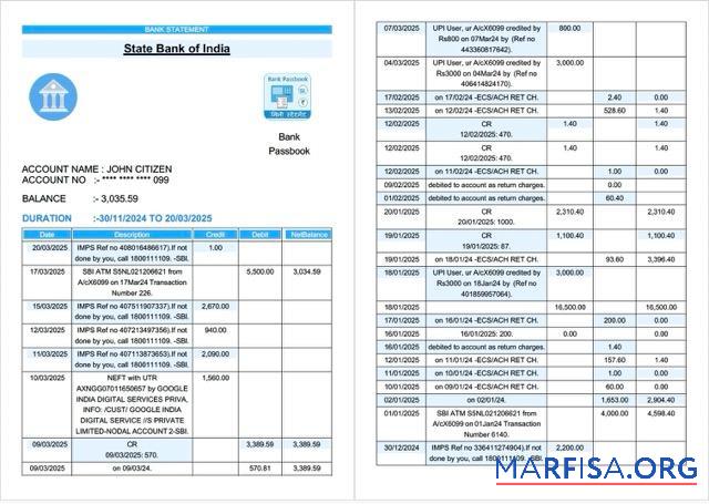 Downloadable India State Bank of India bank statement word 2 pages sample